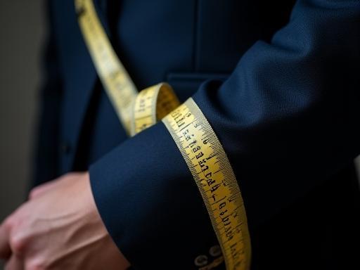Measuring tape on a suit sleeve, indicating tailoring.