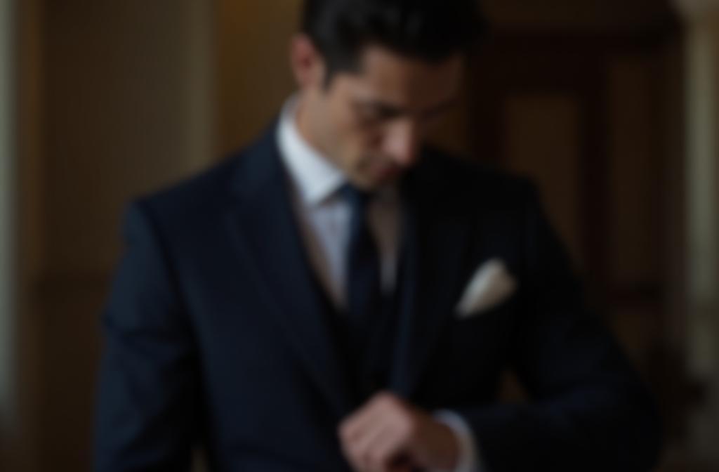 Elegant man adjusting a perfectly fitted suit, representing formalwear mastery.